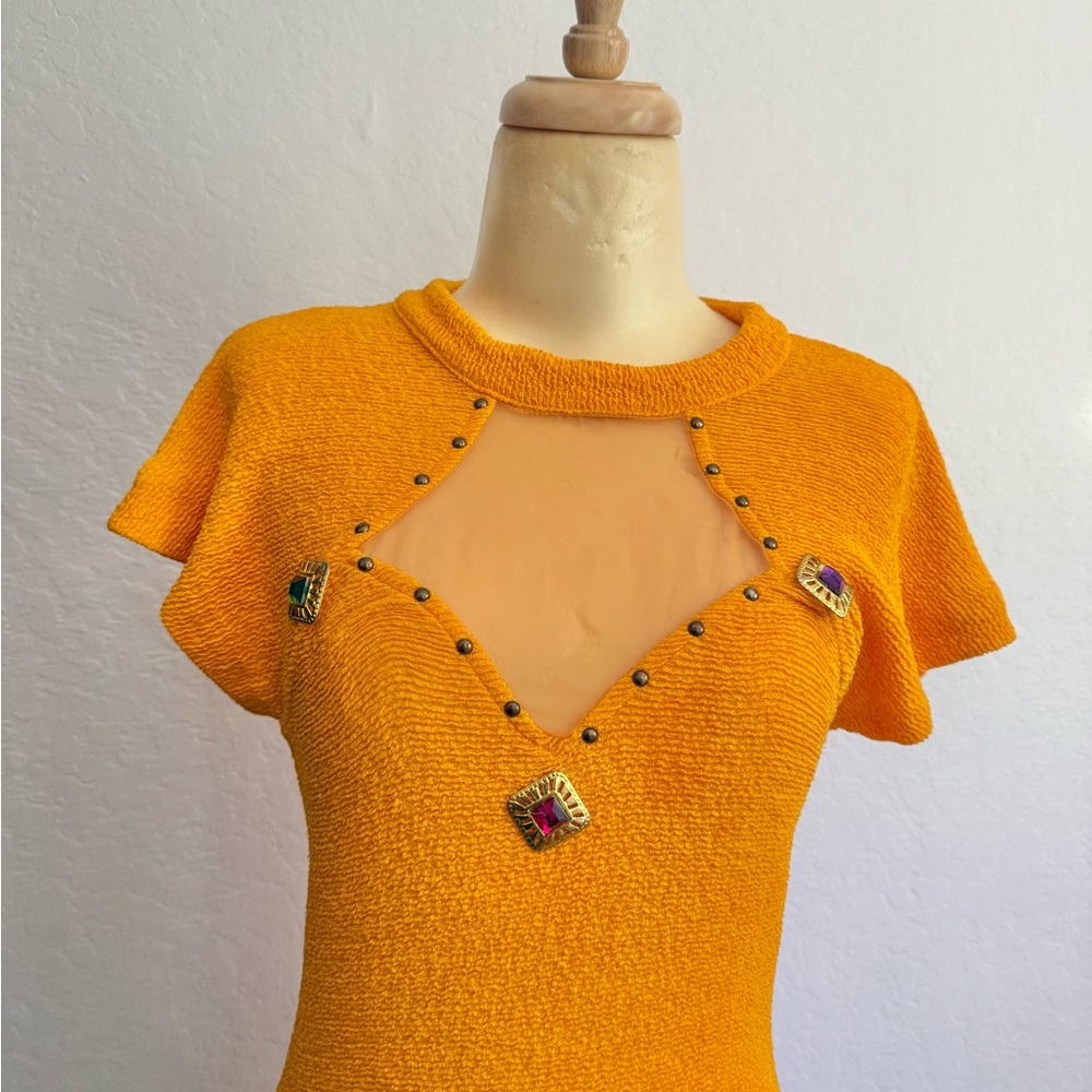 Vintage 80s/90s Bejeweled Sheer Golden Rod Bodycon Cage Dress